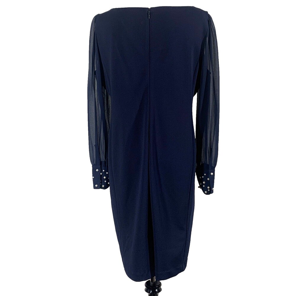 Karl Lagerfeld Paris Scuba Crepe Sheath Dress 14 Navy Pearl Cuff Chiffon Sleeve - Picture 4 of 12